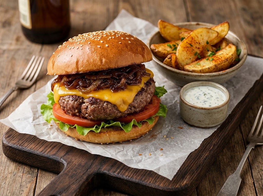 Hamburguesas caseras con cebolla caramelizada, queso y patatas gajo