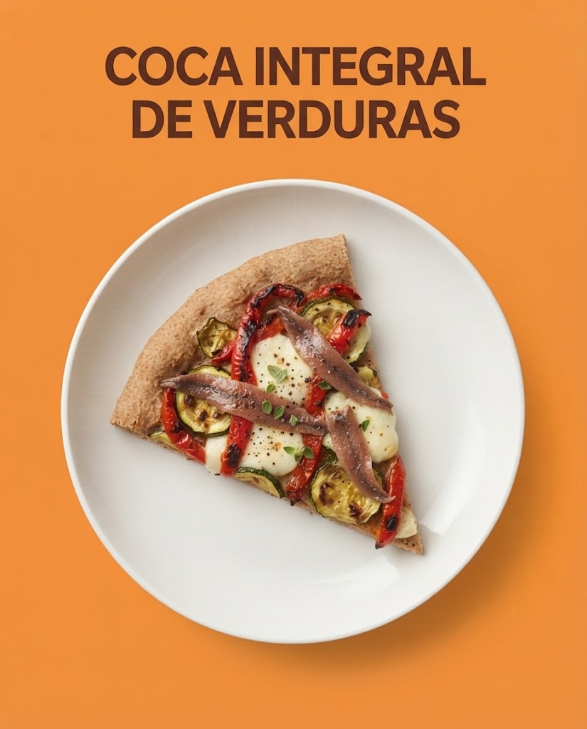 Coca integral de verduras, mozzarella y anchoas