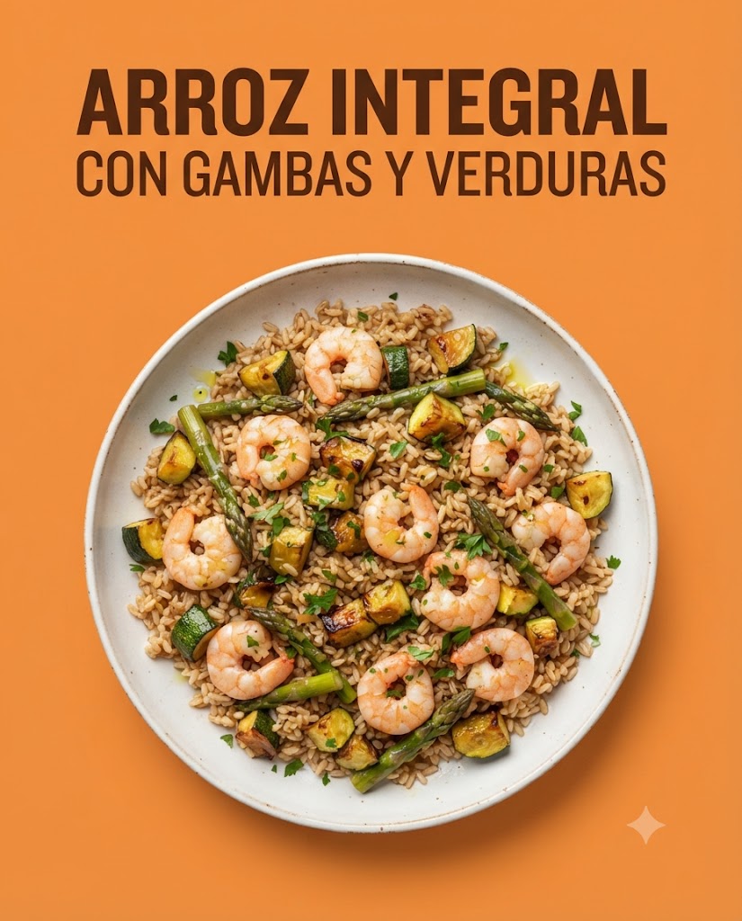 Arroz integral con gambas, calabacín y espárragos trigueros
