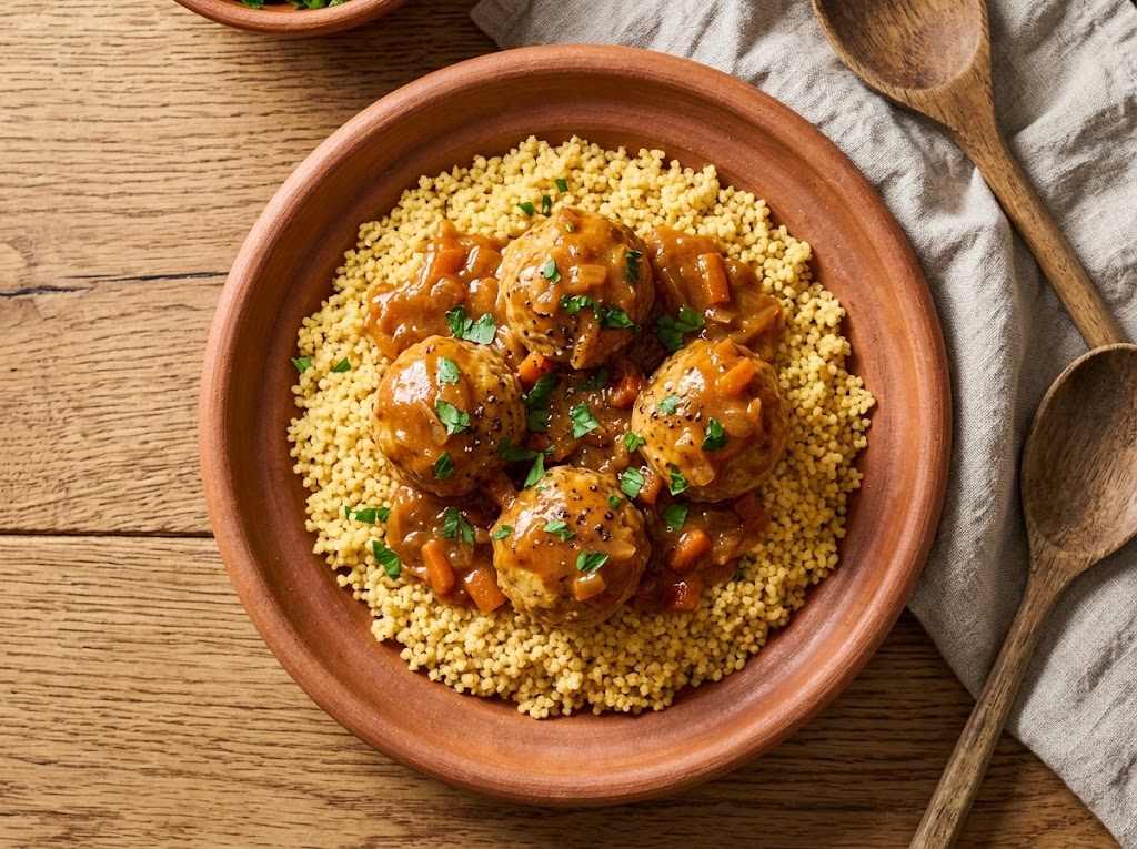 Albóndigas de pavo en salsa de cebolla y zanahoria con cuscús especiado