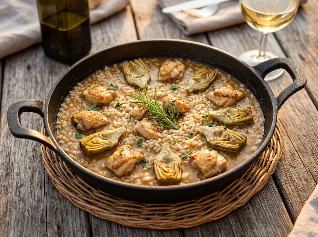 Arroz meloso de pollo, alcachofas y romero