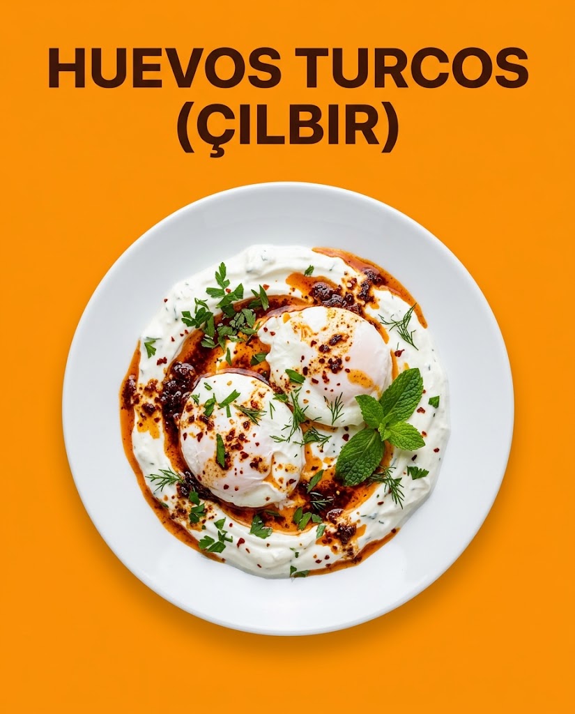Huevos turcos (Çılbır) con yogur al ajo, mantequilla especiada y pan tostado