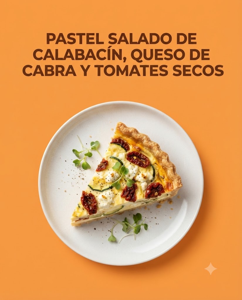 Pastel salado de calabacín, queso de cabra y tomates secos