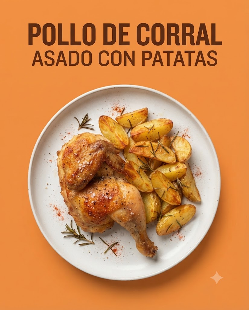 Pollo de corral asado con limón, romero y patatas al horno